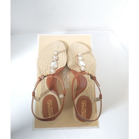 New! MICHAEL KORS Women's Rhinestone T-Strap Espadrille Sandals Size 8 Brown - Picture 13 of 14